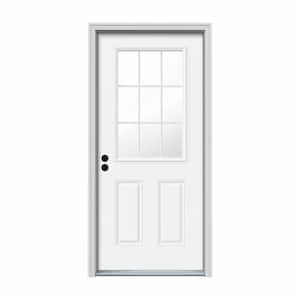 34 in. x 80 in. 9 Lite White Painted Steel Prehung Right-Hand Inswing Entry Door w/Brickmould