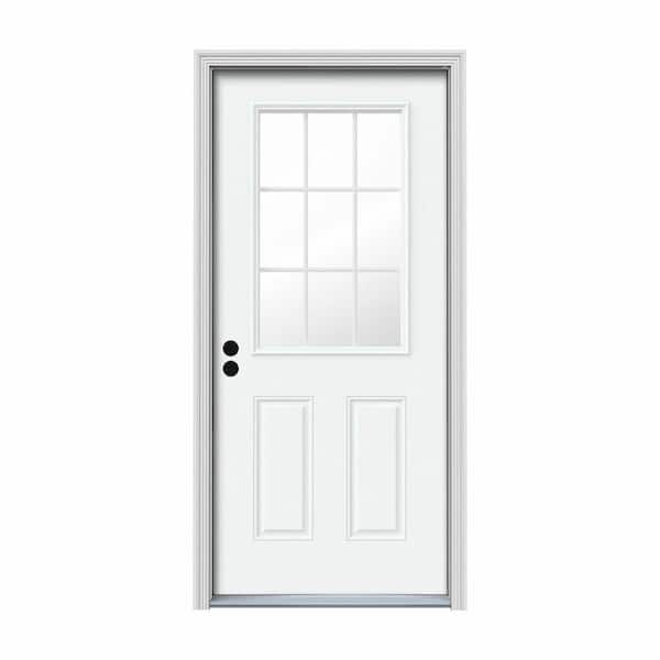 JELD-WEN 34 in. x 80 in. 9 Lite White Painted Steel Prehung Right-Hand Inswing Entry Door w/Brickmould
