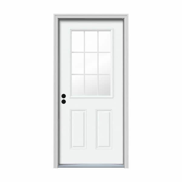 34 in. x 80 in. 9 Lite White Painted Steel Prehung Right-Hand Inswing Entry Door w/Brickmould
