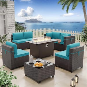 8-Piece Wicker Patio Conversation Set with 55000 BTU Aluminum Gas Fire Pit Table, Glass Coffee Table and Blue Cushions