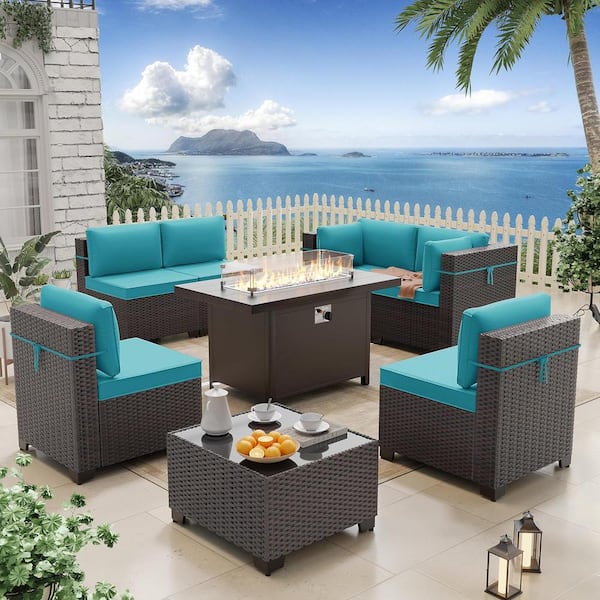 Halmuz 8-Piece Wicker Patio Conversation Set with 55000 BTU Aluminum Gas Fire Pit Table, Glass Coffee Table and Blue Cushions
