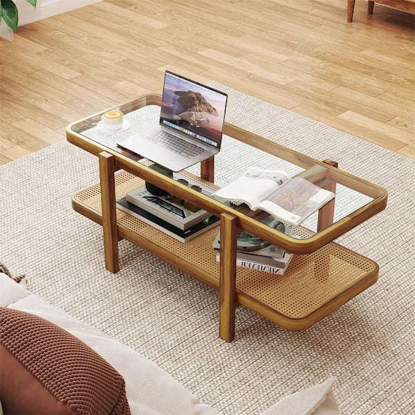 47.5 in. Brown Rectangle Tempered Glass Top Coffee Table with PE Rattan Shelf Storage