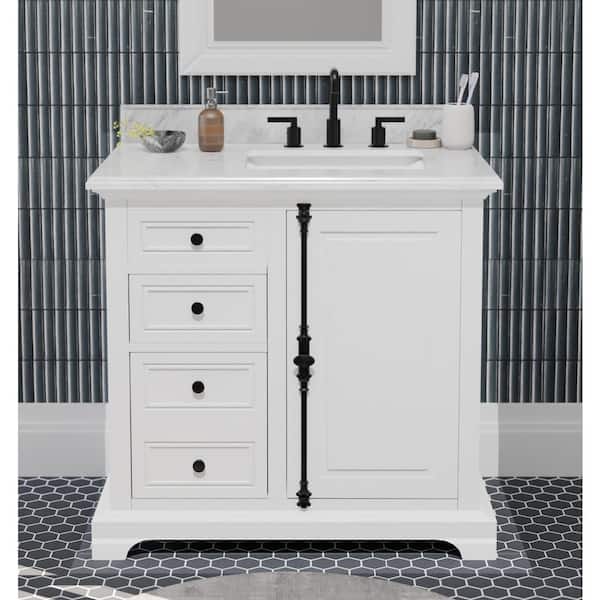 Home Decorators Collection Loda 37 in. Single Sink Freestanding White Bath Vanity with White Marble Top (Assembled)