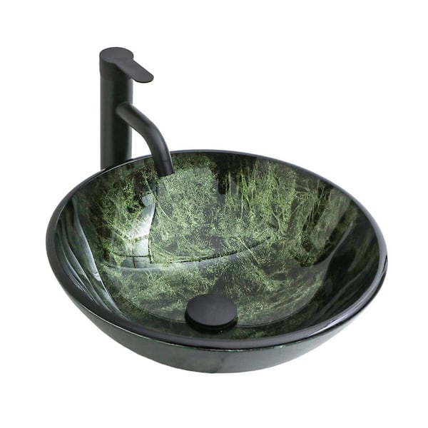 16.50 in. x 16.50 in. Round Marble Texture Tempered Glass Vessel Bathroom Sink in Green with Faucet and Pop-Up Drain