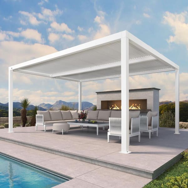PURPLE LEAF 12 ft. x 16 ft. White Aluminum Frame Outdoor Patio Louvered Pergola Gazebo with Adjustable Sunshade Rainproof Roof
