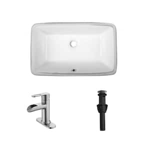 21 in. Undermount Rectangular Bathroom Sink with Overflow Drain in White with Single Handle Faucet in Brushed Finish