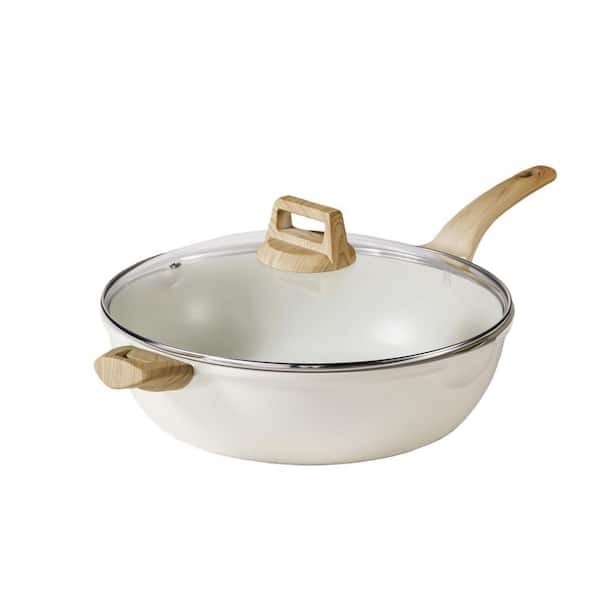 12.5 in. Cream White Granite Nonstick Frying Pan with Lid for Family-Sized Stir-Fries, Braises and One-Pot Meals