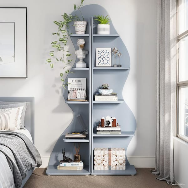 Modern 70 in. Tall Blue Wood 5-Shelf Corner Bookcase with Ample Storage and Space-Saving Design for Living room, Office