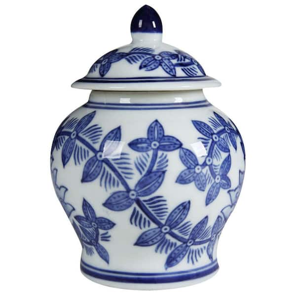 Benjara Blue White Porcelain Urn Shape Floral Design Jar