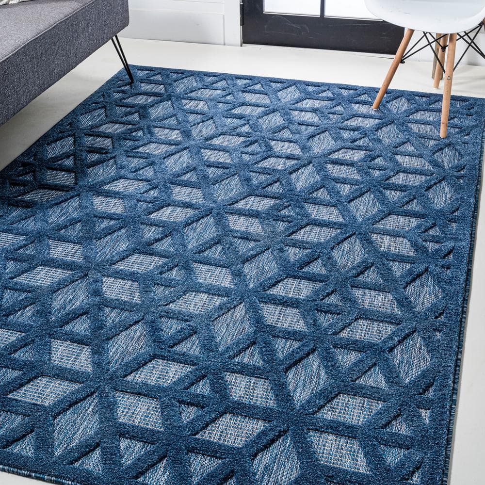 Navy Geometric Synthetic Reversible Rectangular Area Rug 63" x 8.7"