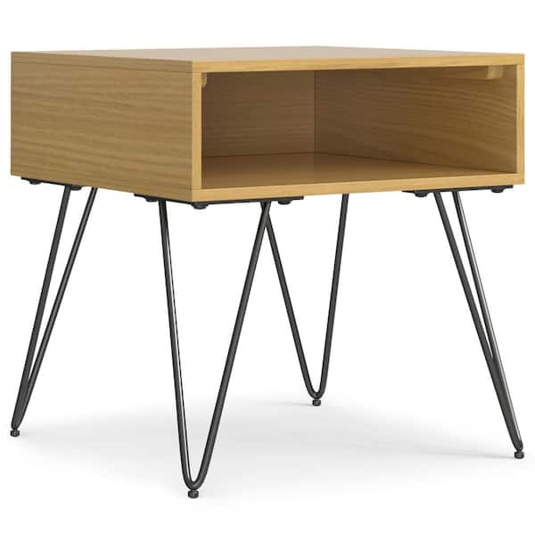 Simpli Home Hunter Industrial 22 in. Wide Square Metal End Table in Oak Veneer