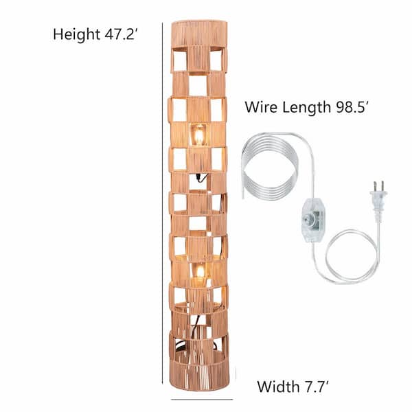 Bali 47 in. Brass Finish Boho 2-Light Dimmable Standard Floor Lamp Living Room with Modern Natural Rattan Round Shade
