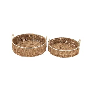 Brown Handmade Dried Plant Woven Decorative Tray (Set of 2)