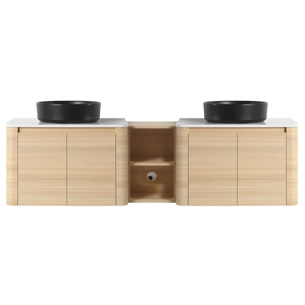72 in. Wall-Mounted White Oak Bath Vanity with White Engineered Stone Top, Black Sink, Storage Shelves Unassembled price history on PriceWatchPro