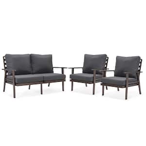 Walbrooke Brown 3-Piece Aluminum Patio Set with Removable Charcoal Cushions Loveseat and Armchairs (Set of 2)