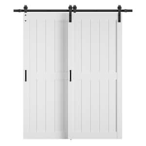 68 in. x 84 in. Double 34 in. Bypass 2-Panel Plank White MDF Interior Sliding Barn Door with Hardware Kit