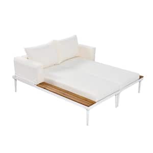 Modern Metal Outdoor Day Bed with Beige Cushions and Wood Topped Side Spaces for Drinks, for Poolside, Balcony, Deck