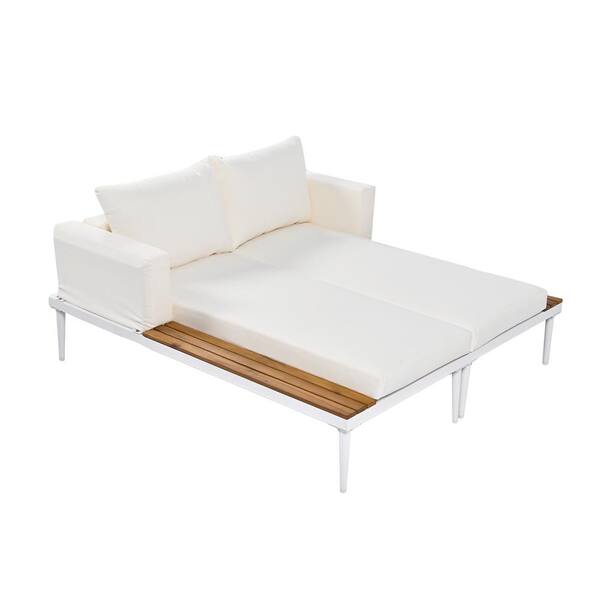 Zeus & Ruta Modern Metal Outdoor Day Bed with Beige Cushions and Wood Topped Side Spaces for Drinks, for Poolside, Balcony, Deck