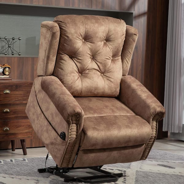 Brown Retro Velvet Power Lift Recliner with Nailhead Trim