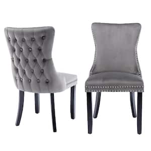 High-end Gray Tufted Contemporary velvet Nailhead Trim Upholstered Dining Chair with Wood Legs (Set of 2)