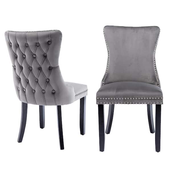 Unbranded High-end Gray Tufted Contemporary velvet Nailhead Trim Upholstered Dining Chair with Wood Legs (Set of 2)