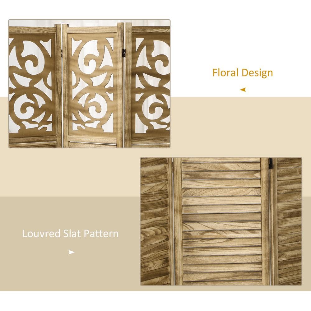 Brown Wood 3-Panel Folding Room Divider with Floral Design
