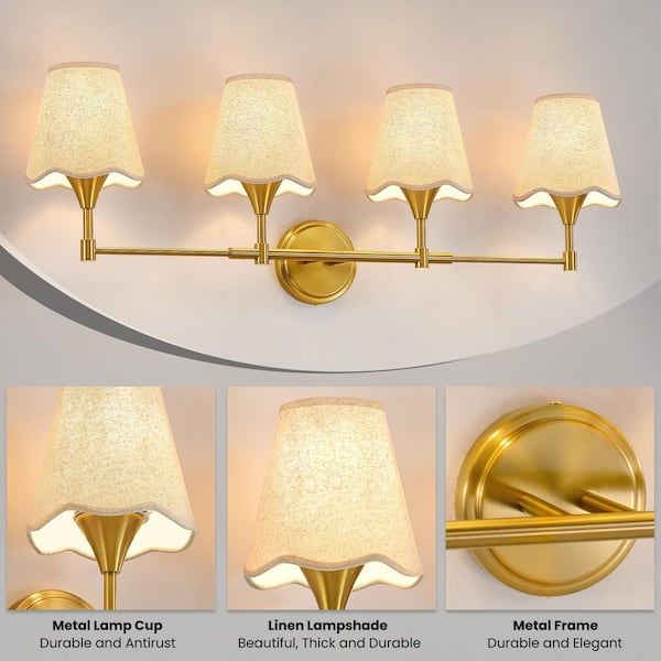 KAISITE 35 in. 4 Light Gold Vanity Light with Fabric Shades 8066WL
