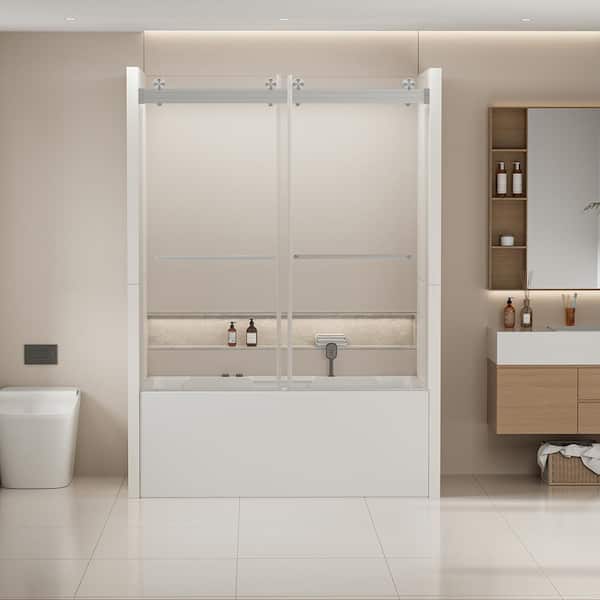 56-60 in. W x 62 in. H Frameless Double Sliding Bypass Shower Door Tub Door Soft Closing,Brushed Nickel