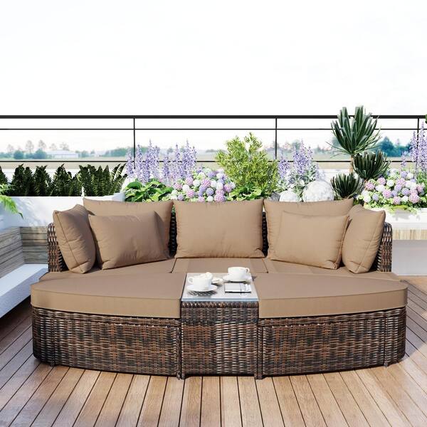 Unbranded 6-Piece Patio Outdoor Conversation Round Sofa Set, PE Wicker Rattan Separate Seating Group with Coffee Table, Brown