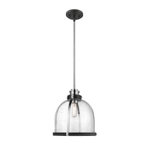 Quadra 1-Light Matte Black and Chrome Pendant with Clear Seedy Glass Shade