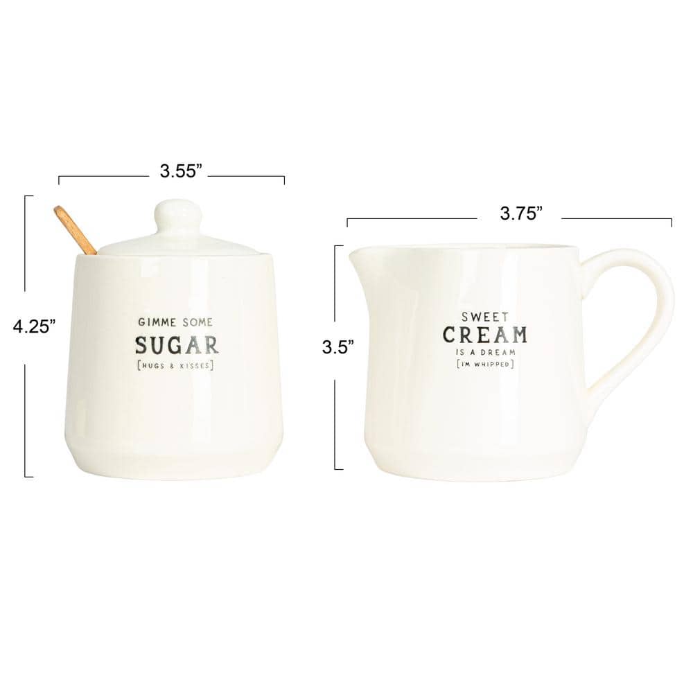White Stoneware Creamer and Sugar Pot Set with Spoon