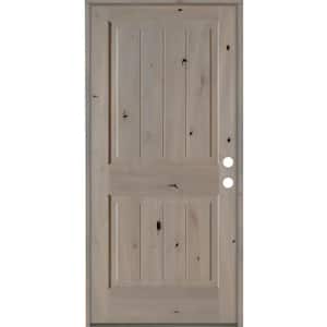 36 in. x 80 in. Rustic Knotty Alder Square Top V-Grooved Left-Hand/Inswing Grey Stain Wood Prehung Front Door