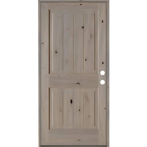 42 in. x 80 in. Rustic Knotty Alder Square Top V-Grooved Left-Hand/Inswing Grey Stain Wood Prehung Front Door