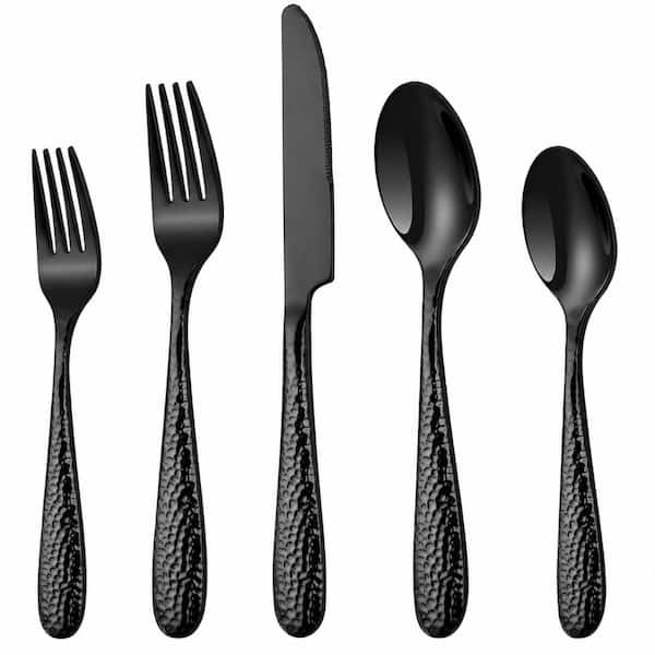 Hammered Black 20-Piece Flatware Set for 4, Heavy Duty Stainless Steel Cutlery with Mirror Finish Design