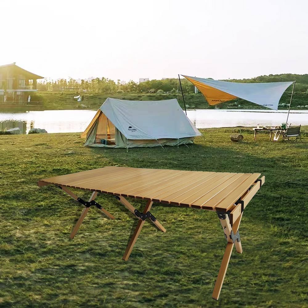 Natural Brown Beech Wood Foldable Roll-Up Outdoor Dining Table
