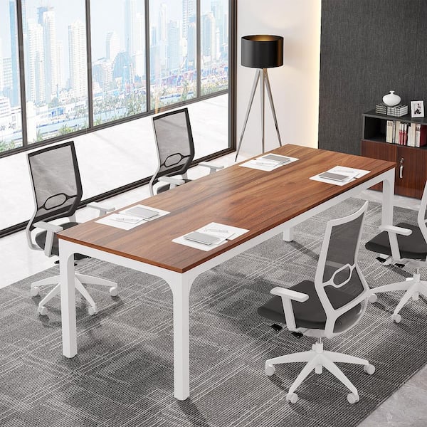 BYBLIGHT Moronia 78.7 in. Rectangle Walnut Wood Conference Table Desk Large Meeting Seminar Table with White Metal Frame
