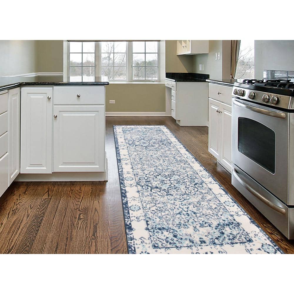 Blue Synthetic Reversible Medallion Runner Rug