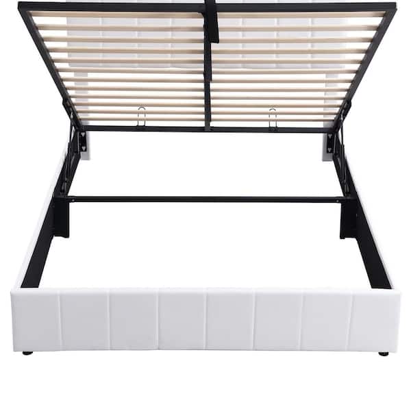 White Wood Frame Queen Size Platform Bed with A Hydraulic Storage System