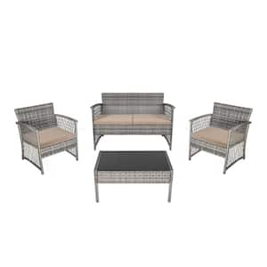 Highland Gray 4-Piece Patio Woven Rattan Wicker Sofa Patio Conversation Set with Beige Cushions