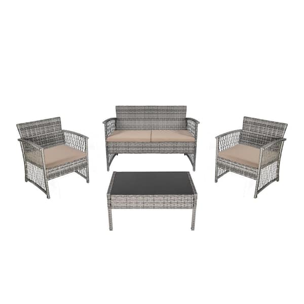 WESTIN OUTDOOR Highland Gray 4-Piece Patio Woven Rattan Wicker Sofa Patio Conversation Set with Beige Cushions