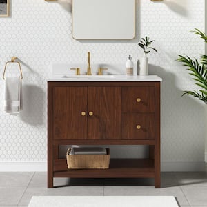 Zoe 37 in. W x 22 in. D x 35 in. H Single sink Bath Vanity Combo in Walnut finish with Calacatta White Quartz Top