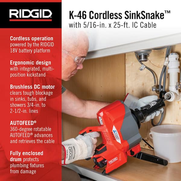 K-46 Cordless SinkSnake Deluxe Kit w/ 5/16 in. x 25 ft. & 3/8 in. x 35 ft. Cable, Tool Set, Case, 18V Battery & Charger