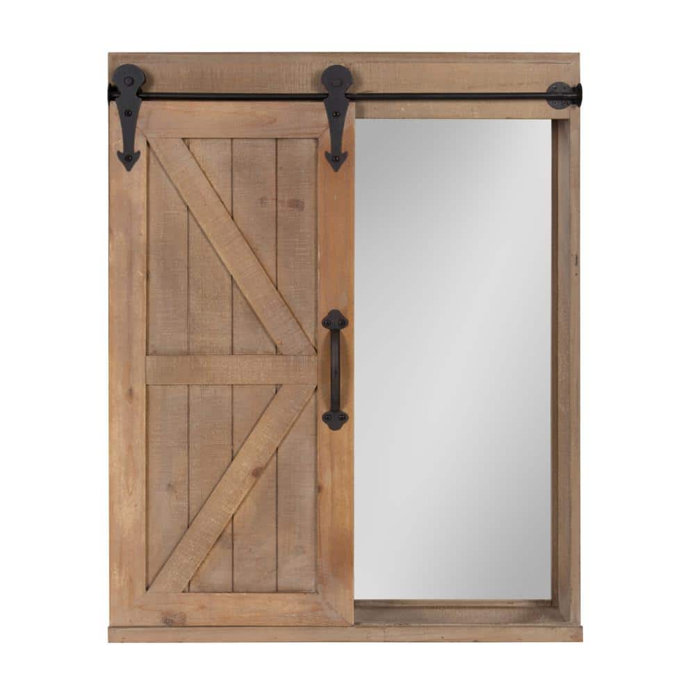Rustic Brown Wood Wall Storage Cabinet with Vanity Mirror and Sliding Barn Door