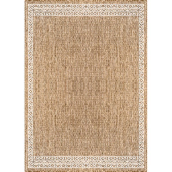 Frame Natural 10 ft. x 14 ft. Geometric Bordered Washable Indoor Outdoor Area Rug