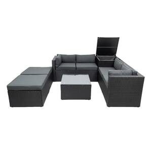 Black 6-Piece Rattan Patio Sofa Set with Storage Box and Removable Gray Cushions