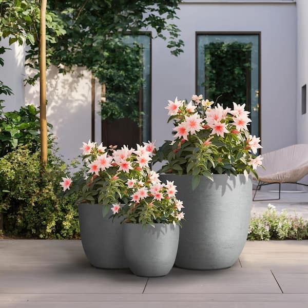 Sapcrete 10in., 14in., 18in. Dia Stone Finish Extra Large Tall Round Concrete Plant Pot / Planter for Indoor & Outdoor Set of 3