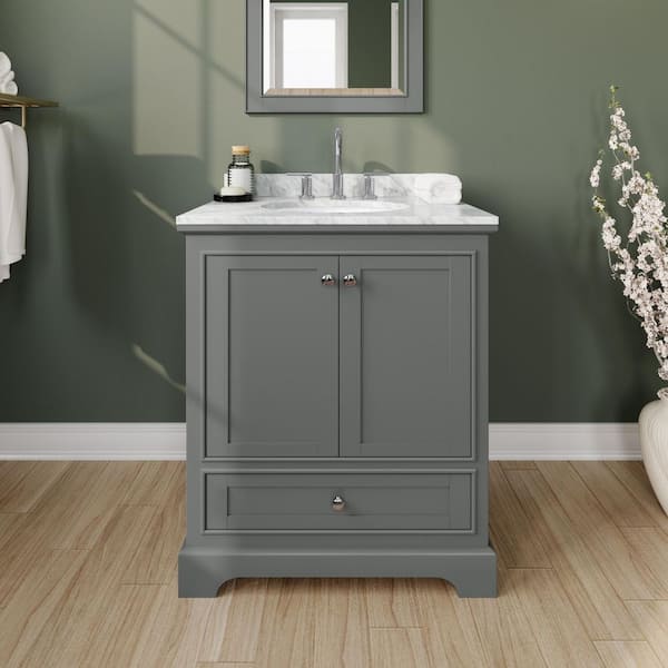 Wyndham Collection Deborah 30 in. Single Vanity in Dark Gray with Marble Vanity Top in White Carrara with White Basin and 24 in. Mirror