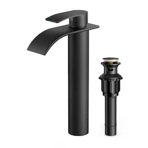 Waterfall Single Hole Single Handle Bathroom Vanity Faucet with Pop Up Drain Included in Matte Black