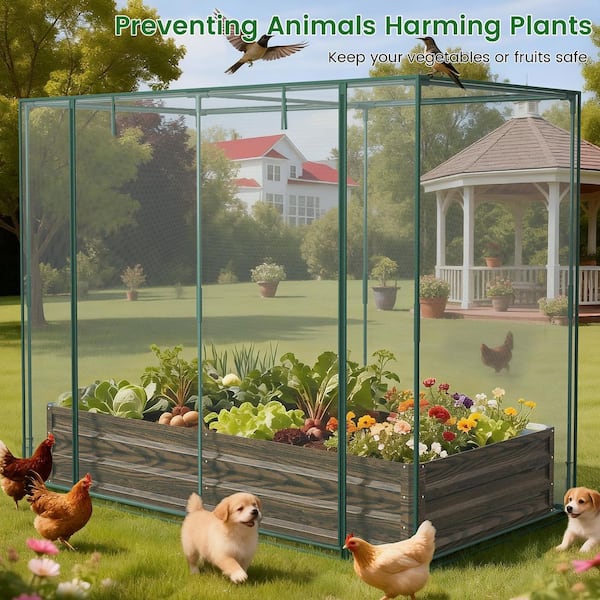 Crop Cage with Raised Garden Bed 7 x 4 x 5 ft. Plant Protection Tent Garden Cage with Window and Mesh Cover, Wood Grain