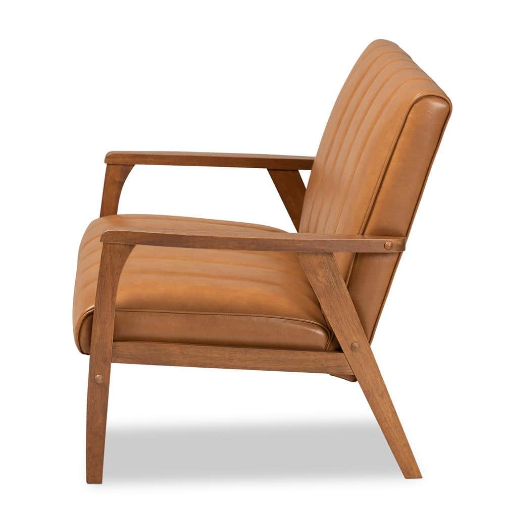 Nikko Mid-Century Modern Tan Faux Leather Loveseat with Walnut Wood